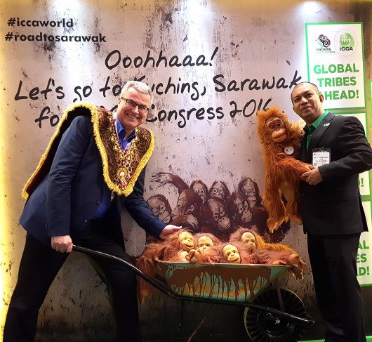 Mr Martin Sirk, CEO of ICCA and Mr Noor Ahmad Hamid, Regional Director - Asia Pacific of ICCA, posing with Brooke the Orangutan ICCA2016 mascot to promote ICCA 2016